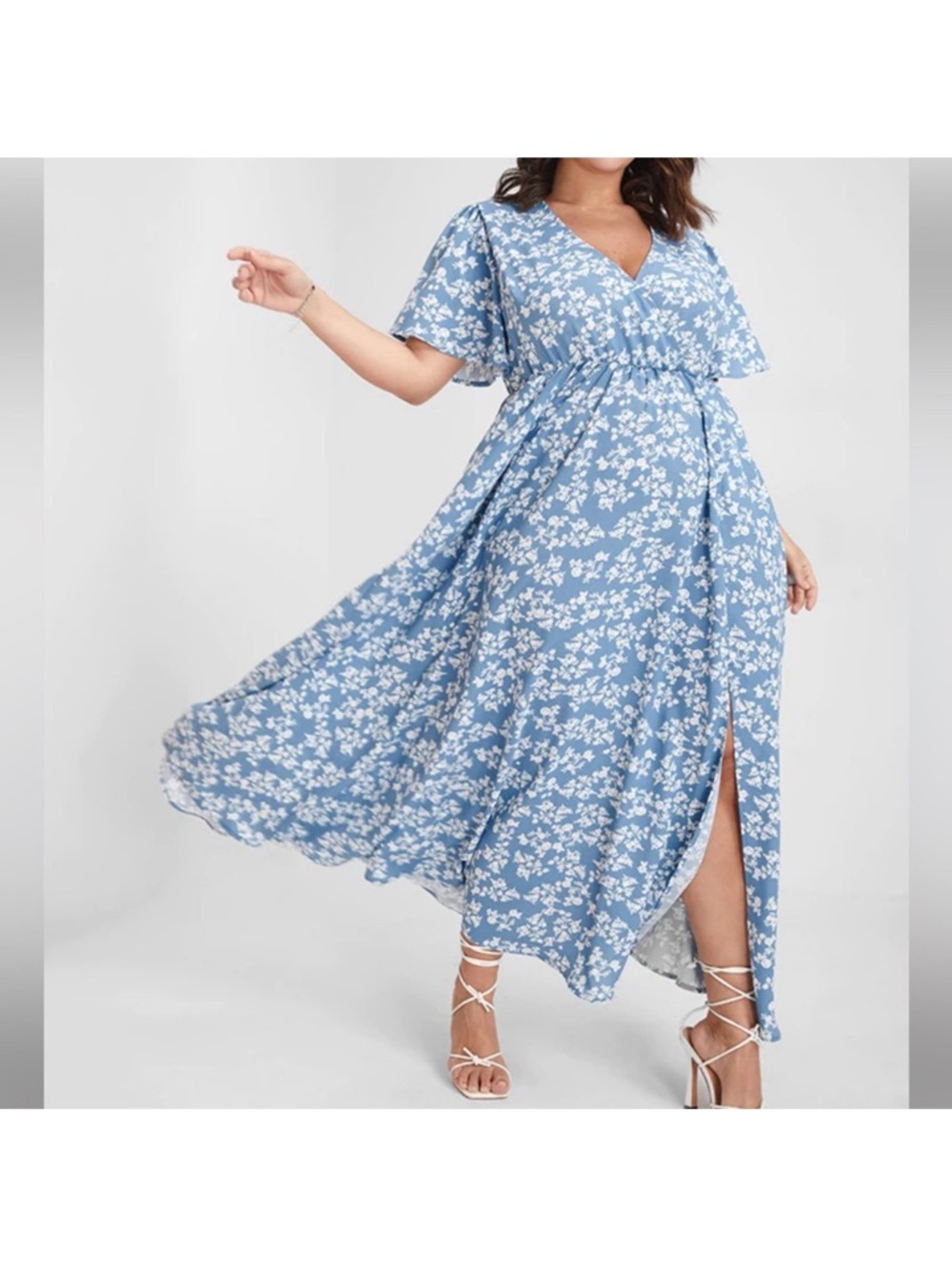 BloomChic Blue flutter sleeve ditzy floral pocket slit maxi dress plus size 30